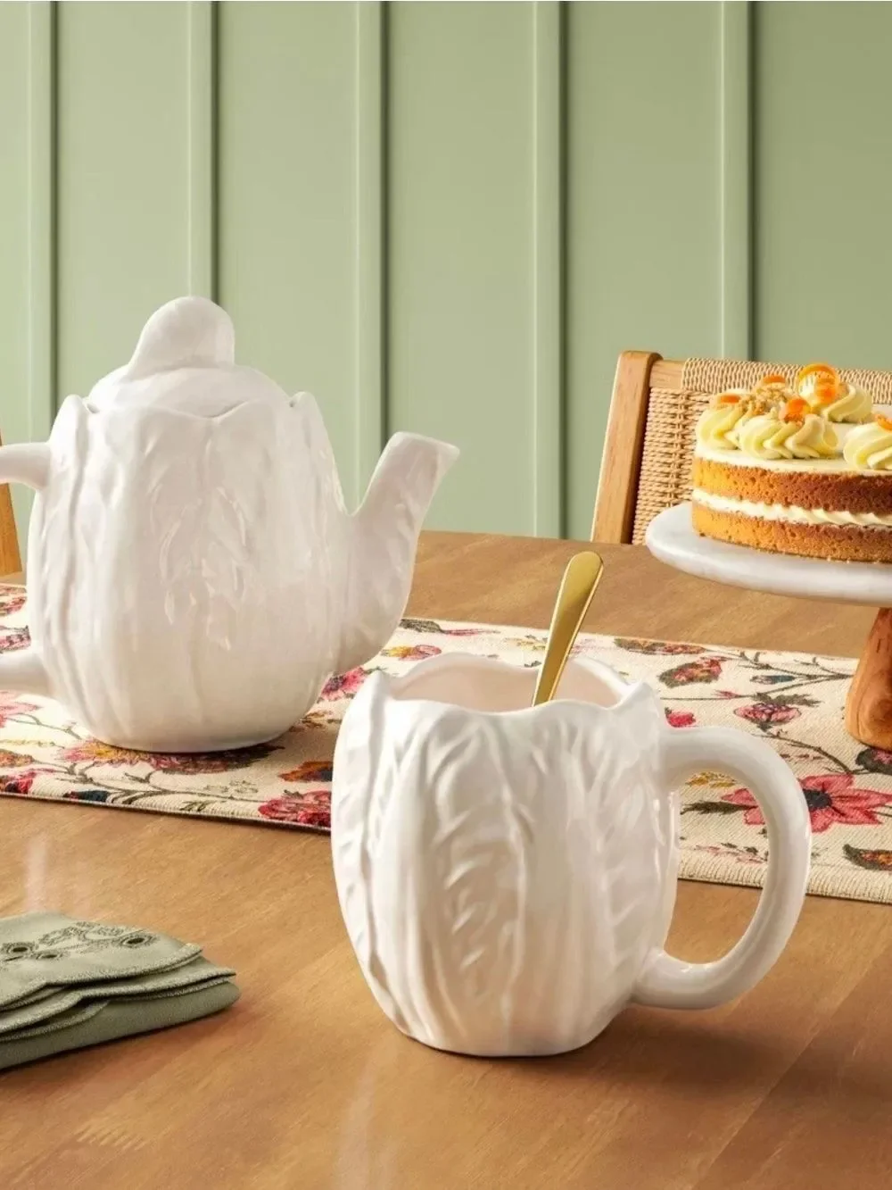 Threshold Radicchio Cabbage Ware Leaf White 2pc Mug Set, Spring Stoneware,  NEW